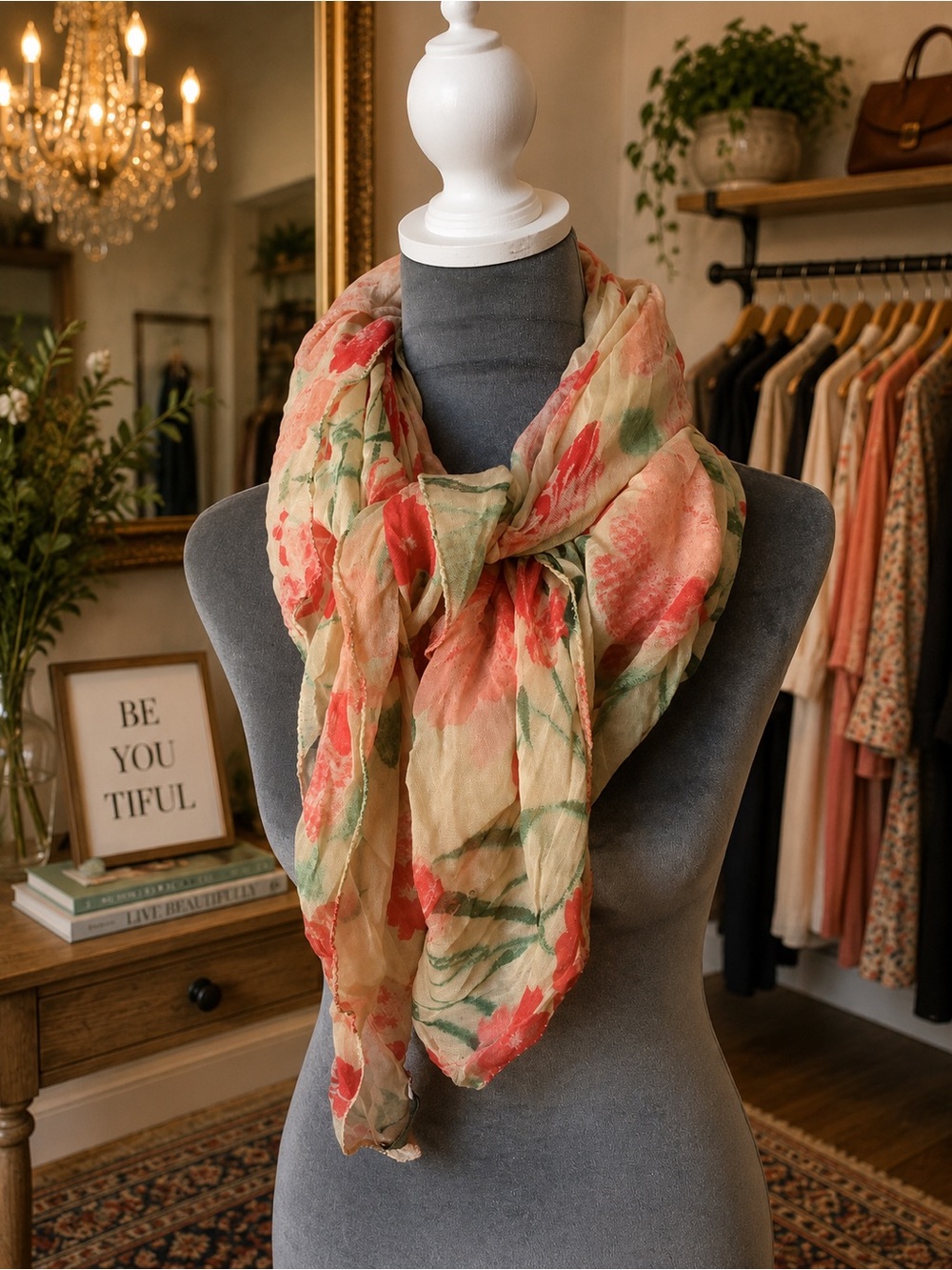 Floral Lightweight Scarf in Peach and Coral, Lucky brand.